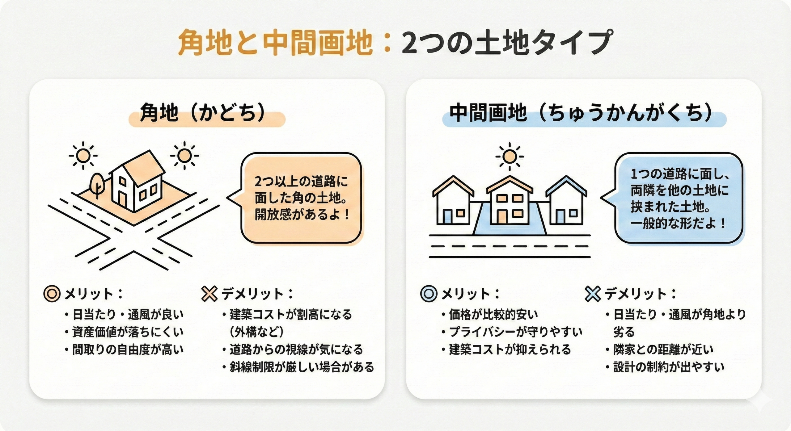 「角地（かどち）」と「中間画地（ちゅうかんがくち）」